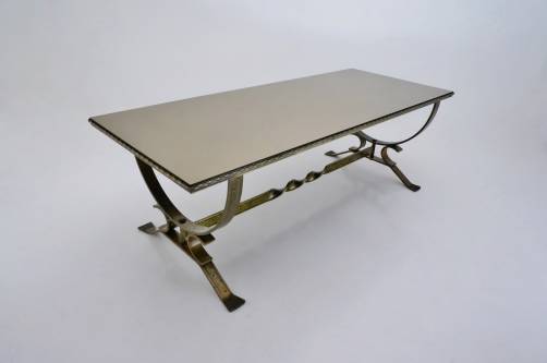 Gilbert Poillerat coffee table, iron & bronze mirror, 1950s ca, France